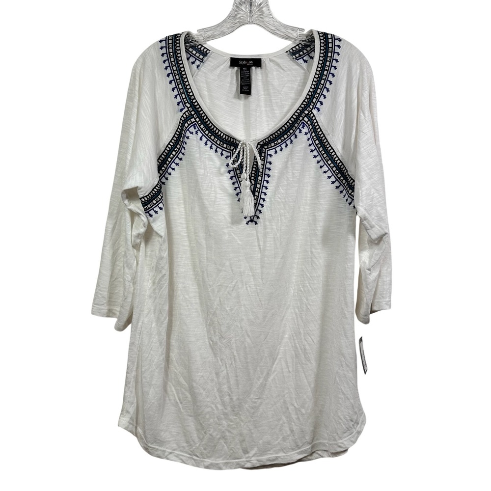 Style & Co Woman Winter White Embroidered Tassel Tunic Top 1X New